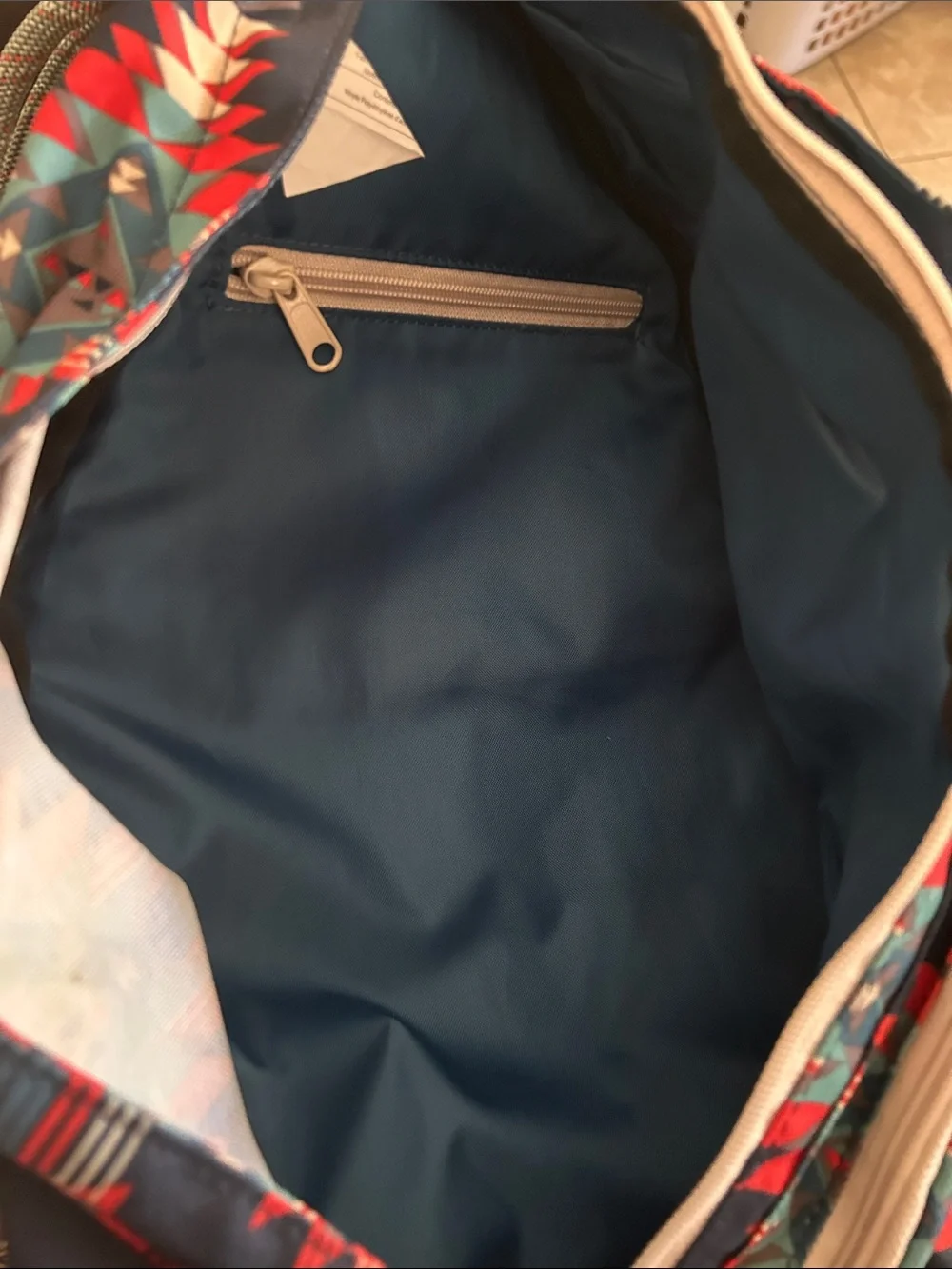 Kavu Navy Sling Backpack with Red & Teal Aztec Print VGUC